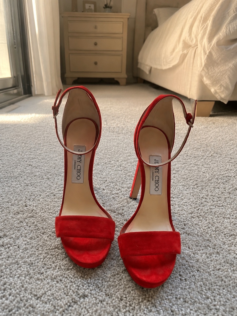 Jimmy Choo Red Suede Open-Toe Ankle Strap Heels ..exellent condition